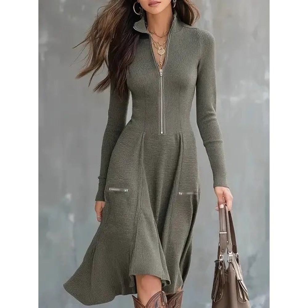 Ribbed Zip Up Midi Sweater Dress Taupe Small Quiet Luxury Western Chic Military